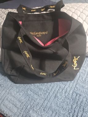 Yves Saint Laurent Black Canvas Tote with Gold YSL Embroidery and Pink Lining